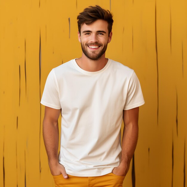 Un tipo con una camiseta blanca básica.