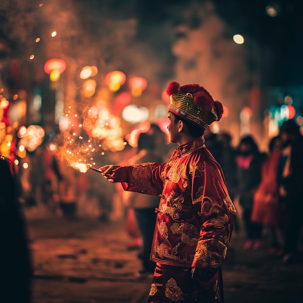 Foto un tipo chino con fuegos artificiales en el año nuevo chino.