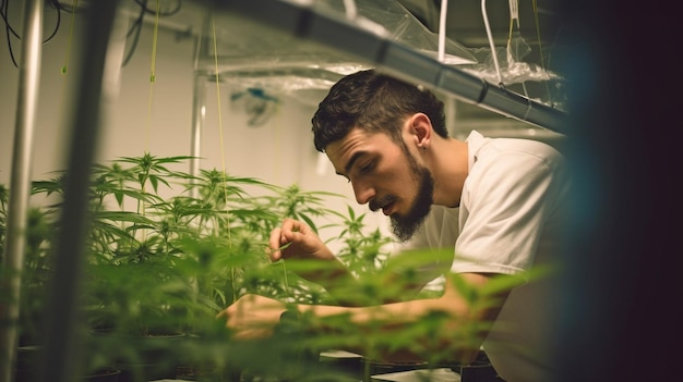 Un tipo cortando plantas de cannabis de interior con cultivadores The Generative AI