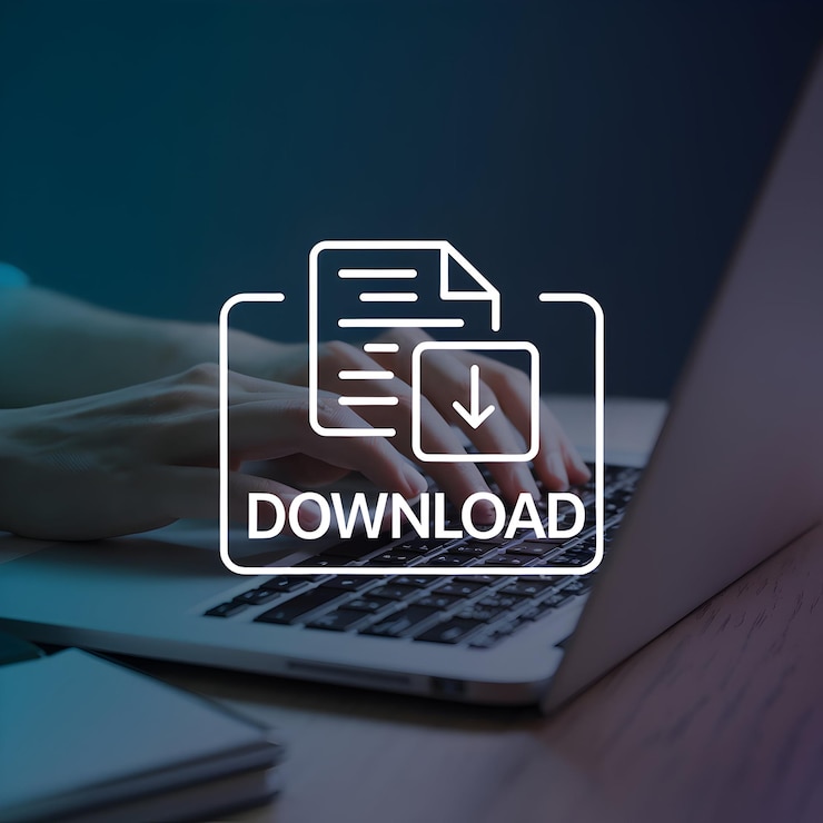 Foto tipo de mão com ícone de download reflete o tema de produtividade on-line para mídias sociais