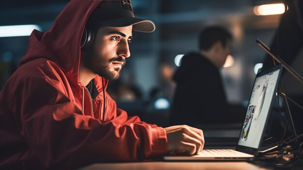 Un tipo genial trabajando en una computadora portátil con gorra y auriculares un lugar de trabajo diverso y dinámico