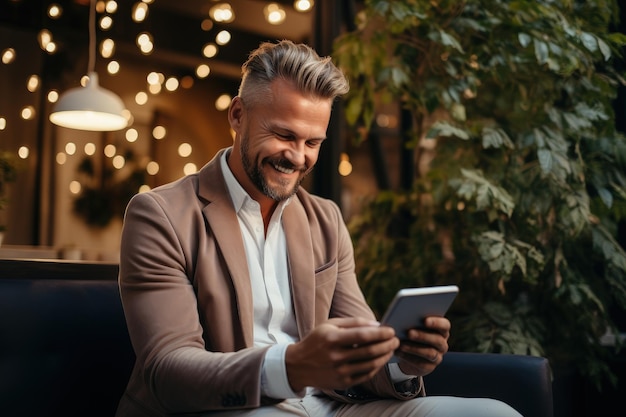 tipo hipster com roupas elegantes lendo notícias positivas