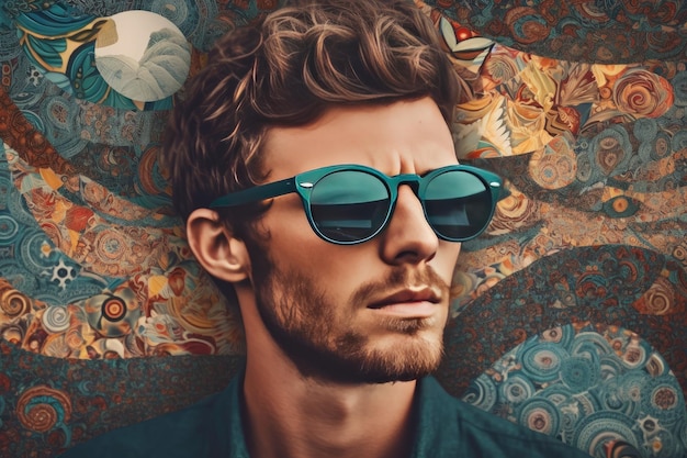 Tipo de moda con gafas de sol con ondas alrededor AI generativa de efecto retro