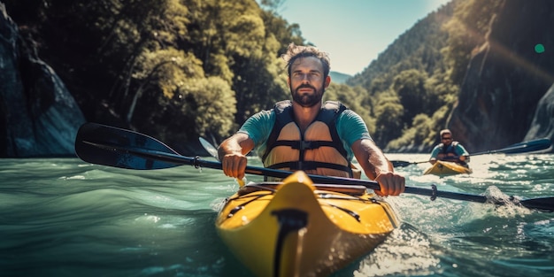 Un tipo navega por un río de montaña en un kayak IA generativa