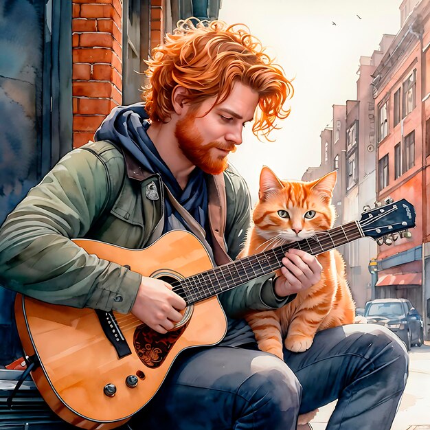 Un tipo pelirrojo con una guitarra es un músico callejero y un gato rojo en un día de verano en la ciudad
