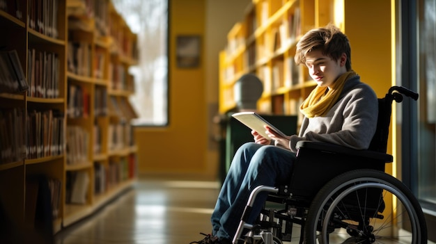 Un tipo en silla de ruedas en una biblioteca universitaria