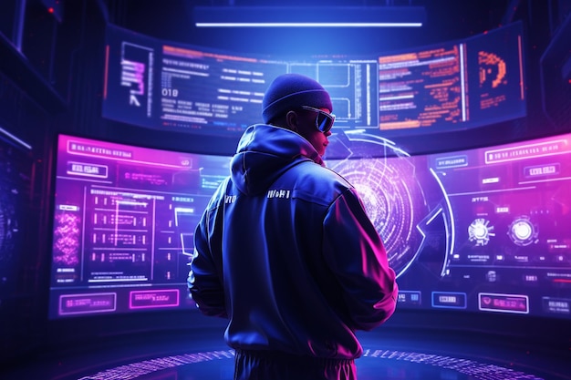 Un tipo con una sudadera con capucha en el fondo de grandes monitores de neón cyberpunk