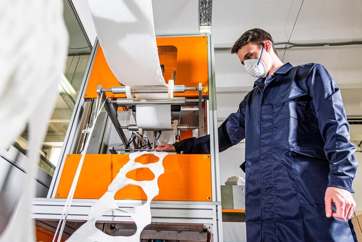 Foto el tipo trabaja en una fábrica para la fabricación de máscaras médicas con nanofibras contra el coronavirus y la protección contra covid-19