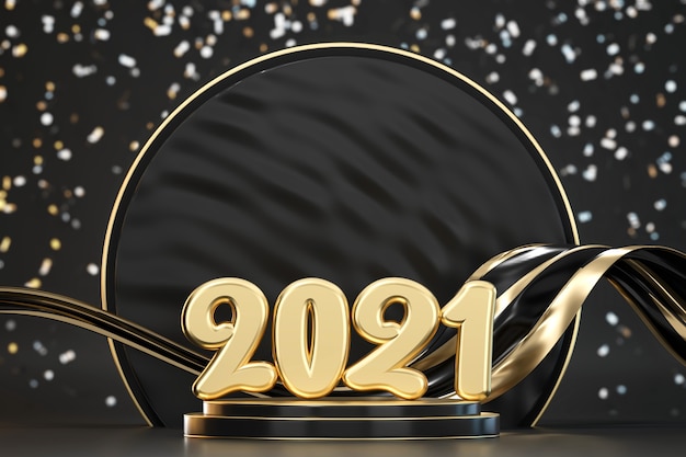 Tipografia 2021 dourada no pódio com fundo desfocado de confete renderização em 3D