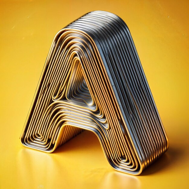 Tipografia 3D da letra A em um fundo amarelo cromado com cristas de textura brilhante mínima