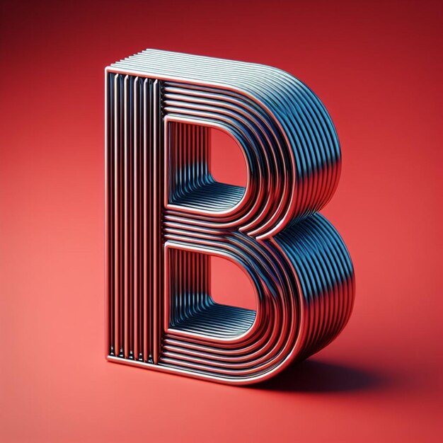 Tipografía 3D de la letra B en un fondo rojo cromo de textura brillante crestas mínimas