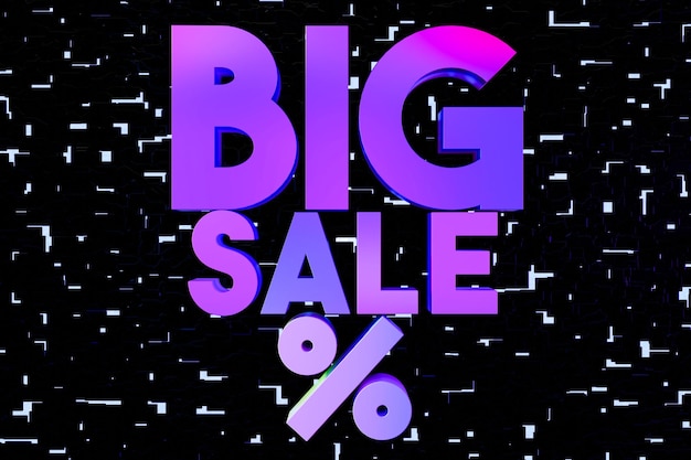 Tipografía 3D vívida con la frase BIG SALE en tonos púrpura y rosa con gradiente contra un fondo negro elegante con efectos de glitch Banner promocional de marketing digital o publicidad de comercio electrónico