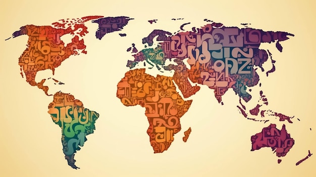Tipografia árabe Mapa colorido do mundoO design