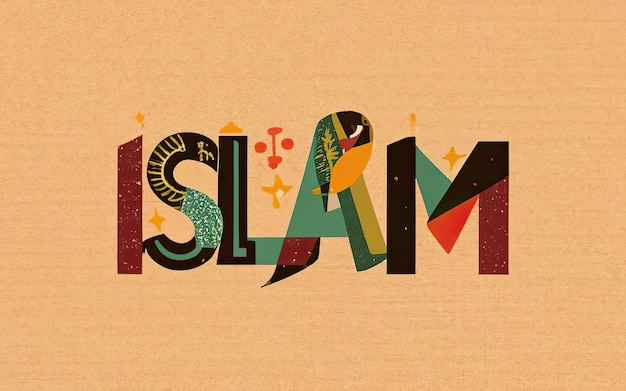 Tipografía artística colorida que muestra la palabra Islam