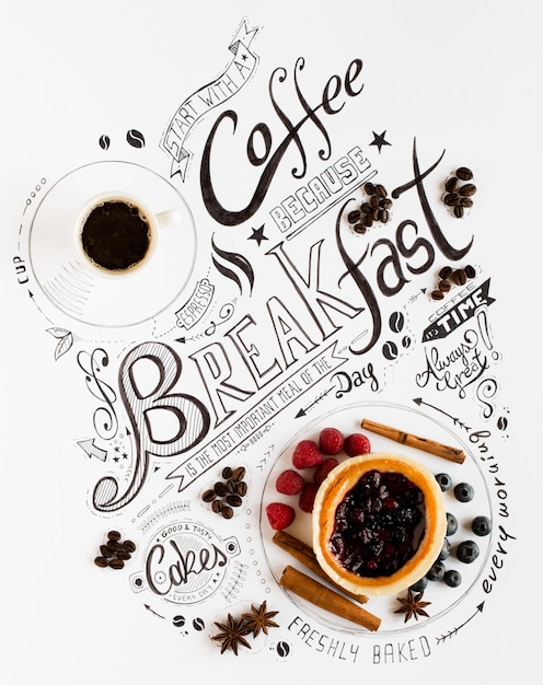 Foto tipografia de mão desenhada café da manhã lettering