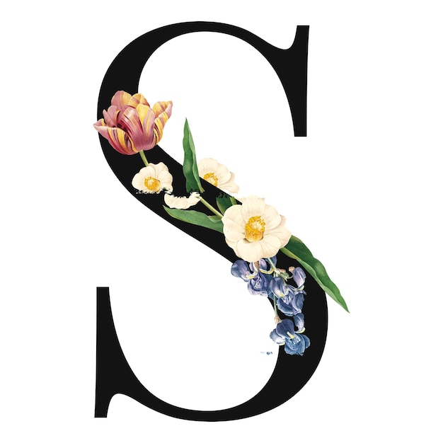 Tipografia de S com letras maiúsculas decoradas com flores