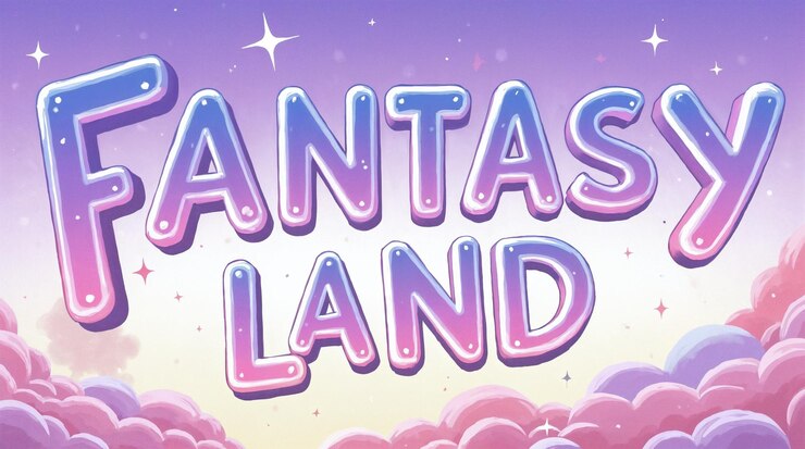 Foto tipografía de fantasy land con nubes y estrellas