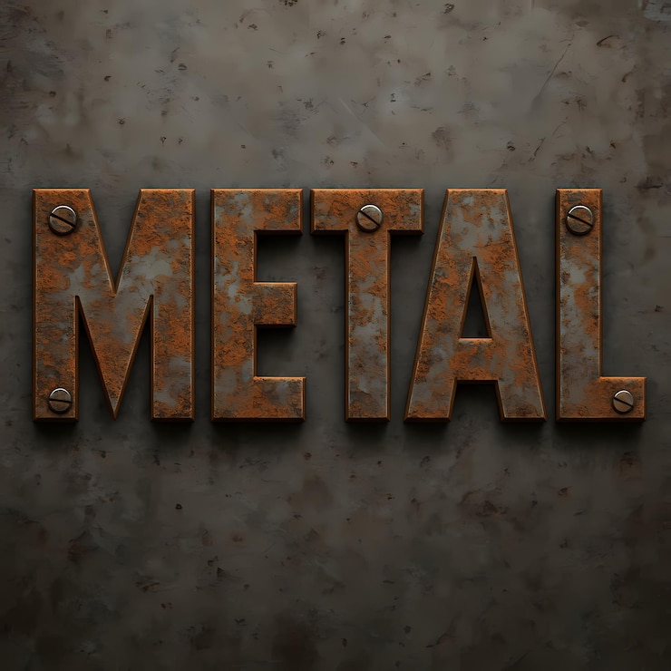 Foto tipografía industrial de metales letras oxidadas pesadas con pernos y grunge en superficie de acero