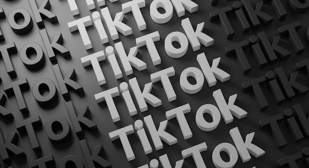 Tipografía múltiple de TikTok en la pared oscura, representación 3D