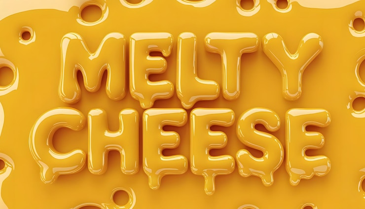 Foto tipografía de queso derretido brillante con letras amarillas 3d goteantes con textura de queso en fondo naranja