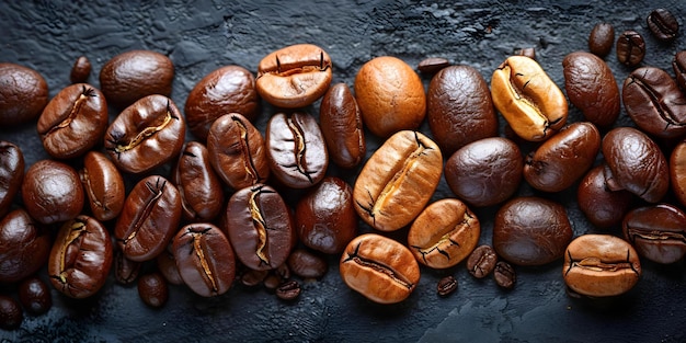 Foto tipos de grãos de café torrados textura e variações de cor conceito arábica robusta torrado leve torrado médio torrado escuro torrado