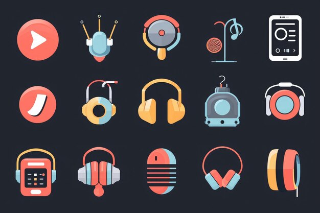 Foto tipos variados de auriculares varios símbolos e iconos que representan diferentes géneros de podcast ai generado