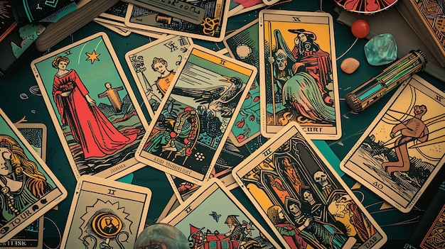 Foto una tirada de tarot de coloridas cartas de tarot están extendidas sobre una mesa