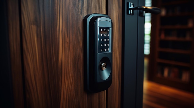 Tirador de puerta digital o perilla electrónica para acceder a la seguridad de la habitación Puerta de madera que se abre a medias a través del fondo de la sala de estar interior IA generativa