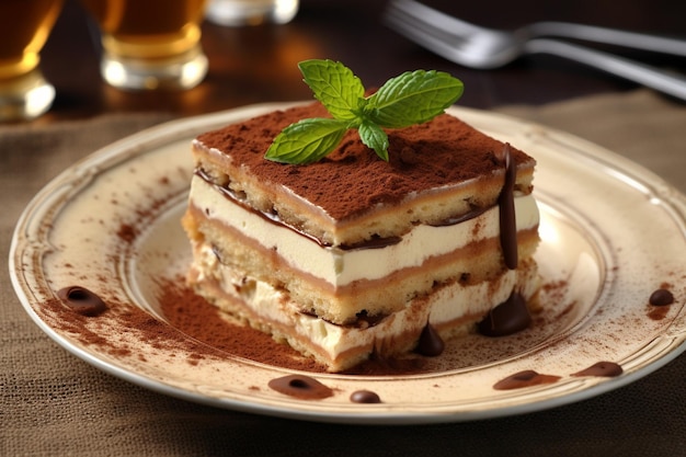 Tiramisu apresentado com um pó de açúcar em pó