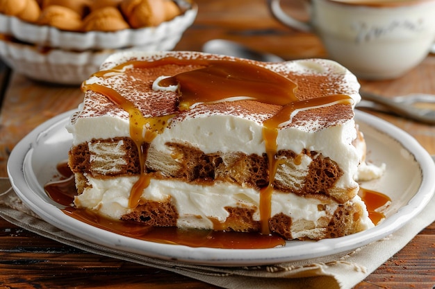 Tiramisu com um turbilhão de molho de caramelo