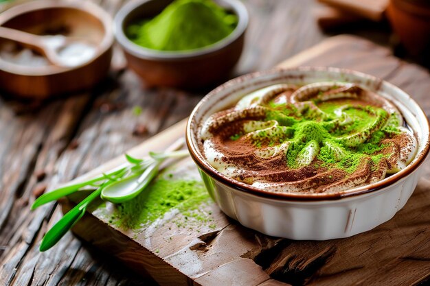 Tiramisu, das mit einem Staub von Matcha-Pulver serviert wird