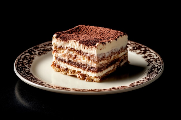 Tiramisu deliciosamente em camadas descansando elegantemente em um prato vintage ao anoitecer