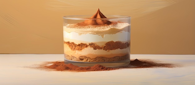 Tiramisu in einem Plastikbecher, isolierter pastellfarbener Hintergrund, Kopierraum