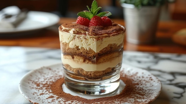 Foto tiramisu italiano desdobramento tiramisu clássico em prato de vidro pó de cacau elegante trattoria italiana romântico charme do mundo antigo