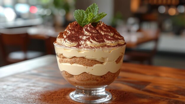 Foto tiramisu italiano desdobramento tiramisu clássico em prato de vidro pó de cacau elegante trattoria italiana romântico charme do mundo antigo