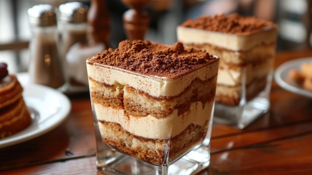 Foto tiramisu italiano desdobramento tiramisu clássico em prato de vidro pó de cacau elegante trattoria italiana romântico charme do mundo antigo