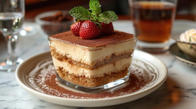 Foto tiramisu italiano desdobramento tiramisu clássico em prato de vidro pó de cacau elegante trattoria italiana romântico charme do mundo antigo