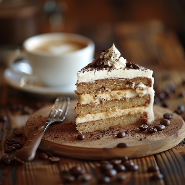 Tiramisu-Kuchen mit Kaffeebohnen auf einem Holzbrett