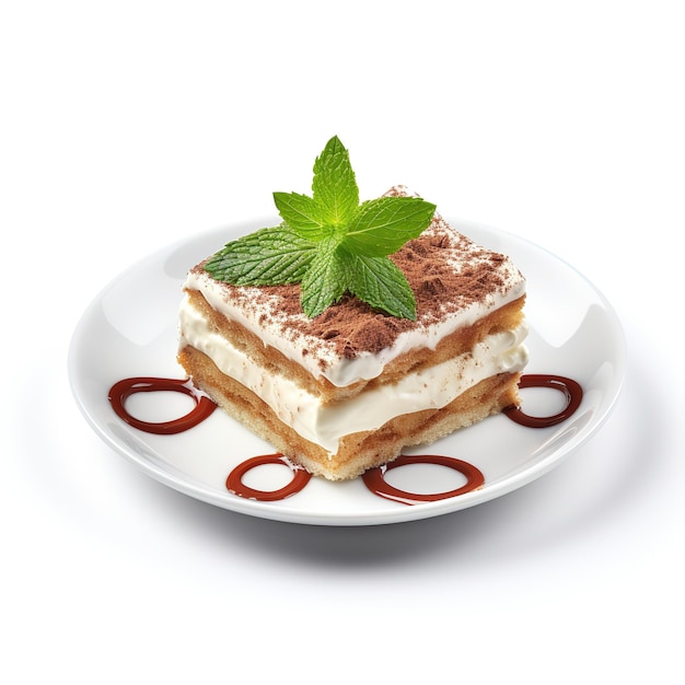 Tiramisú en plato blanco aislado