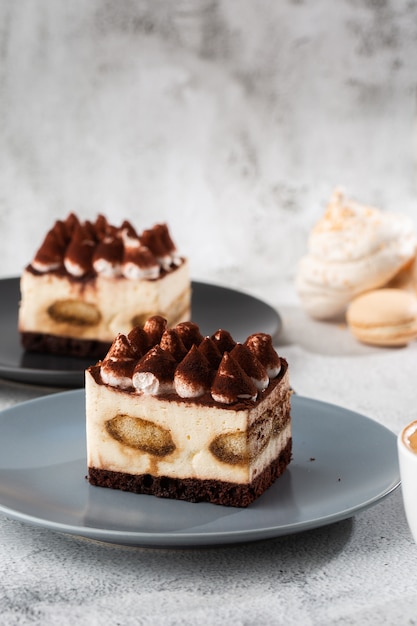 Tiramisú - Postre clásico con mascarpone y café. Delicioso pastel de tiramisú en un plato oscuro sobre un fondo de mármol claro. Foto vertical.