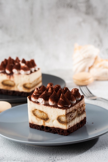 Tiramisú - Postre clásico con mascarpone y café. Delicioso pastel de tiramisú en un plato oscuro sobre un fondo de mármol claro. Foto vertical.