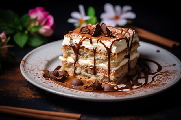 Tiramisu-Scheibe auf einem Dessert-Teller mit Fruchtcoulis