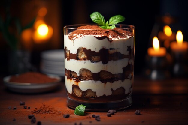 Tiramisu-Scheibe auf einem Dessert-Teller mit Fruchtcoulis