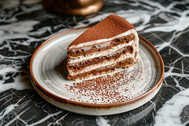 Tiramisu-Scheibe auf einem Porzellan-Dessert-Teller