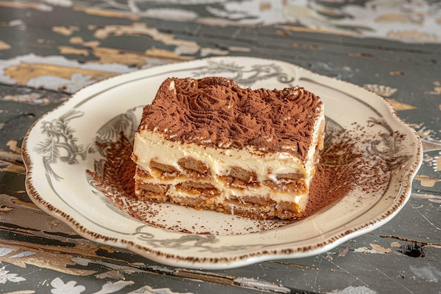 Tiramisu-Scheibe auf einem Vintage-Dessert-Teller