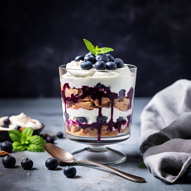 Tiramisú en vaso con arándanos y menta