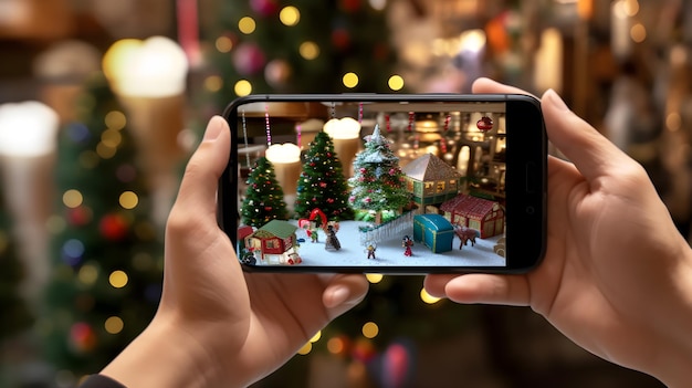 Tirando foto da decoração de Natal com desfoque fora do smartphone