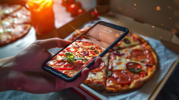 Foto tirando uma foto de uma deliciosa pizza com um smartphone a pizza está em uma caixa e há uma vela e um copo de vinho na mesa