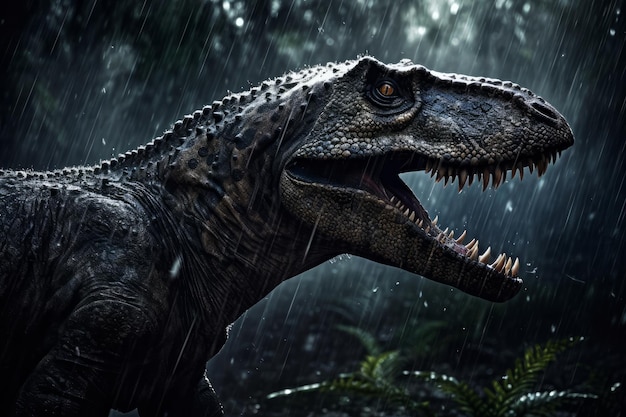 Un tiranosaurio rex bajo la lluvia