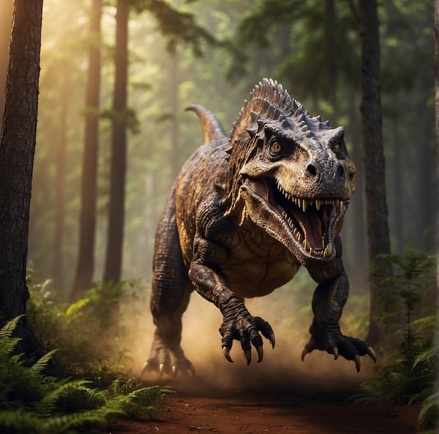 El tiranosaurio rex prehistórico corriendo en un bosque